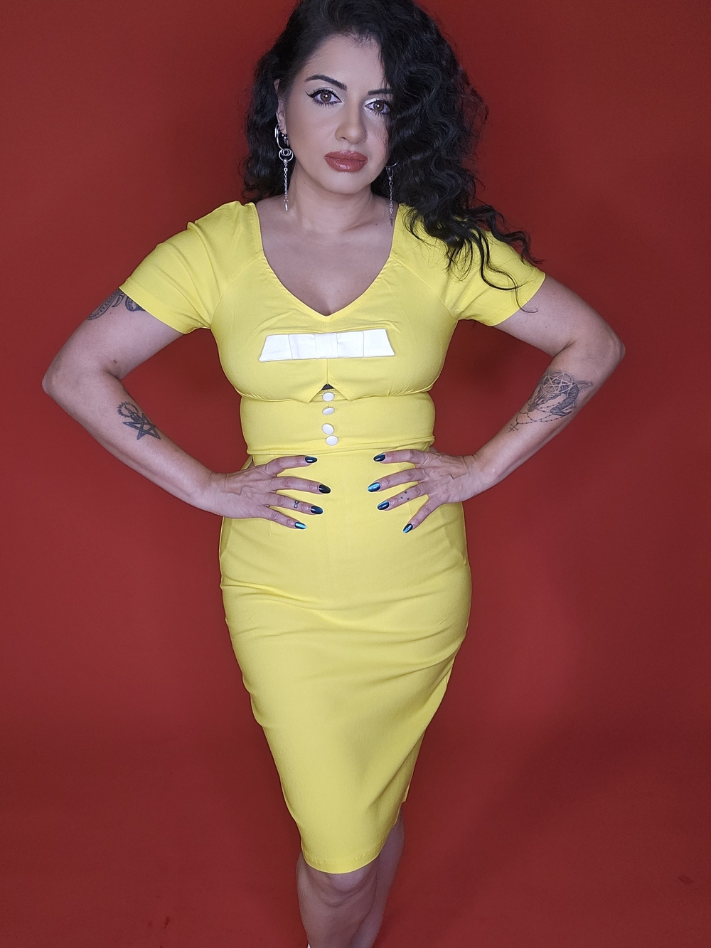Yellow Pencil Skirt Dress - Fitted V-Neck Sheath